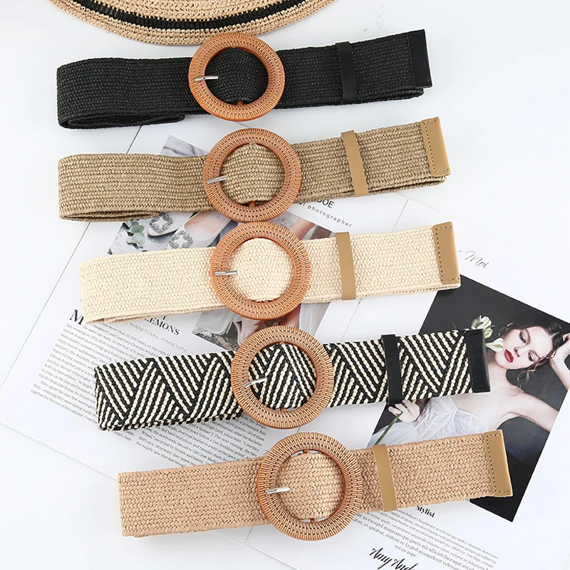 

Women Summer Wide Belt Vintage Bohemia PP Straw Waistband Round / Square Buckle Elastic Braided Belts Straw Weave Belts