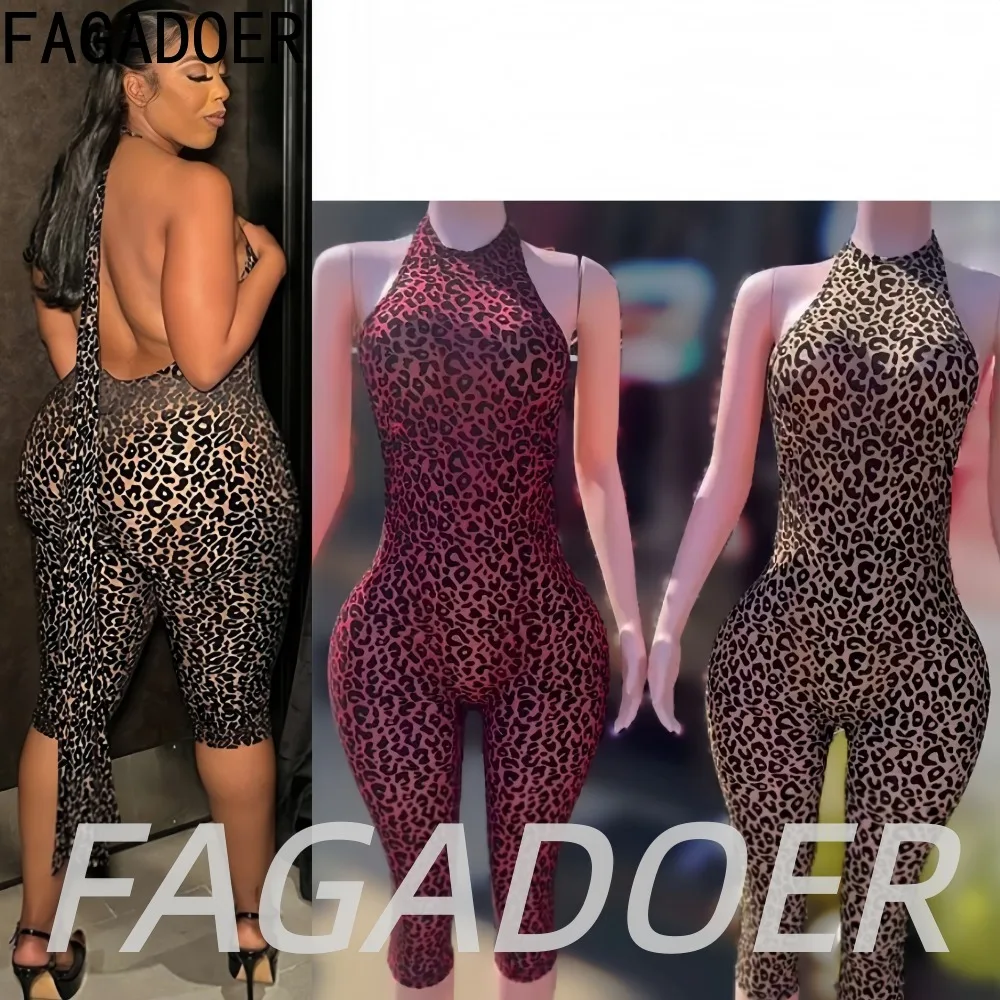 FAGADOER Sexy Leopard Print Bodycon Rompers Cool Girl Fashion Off Shoulder Bandage Halter Jumpsuits Streetwear Club Playsuits