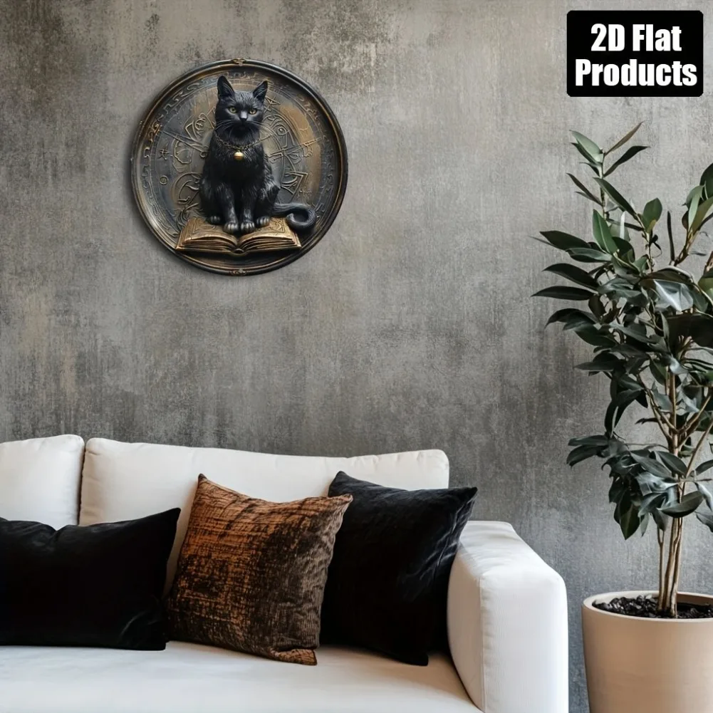 1 قطعة 8x8 "2D شقة خمر القط الأسود وكتاب الألومنيوم الفن-علامة زخرفية مستديرة ، تصميم زودياك غامض للبار ، هدية العيد