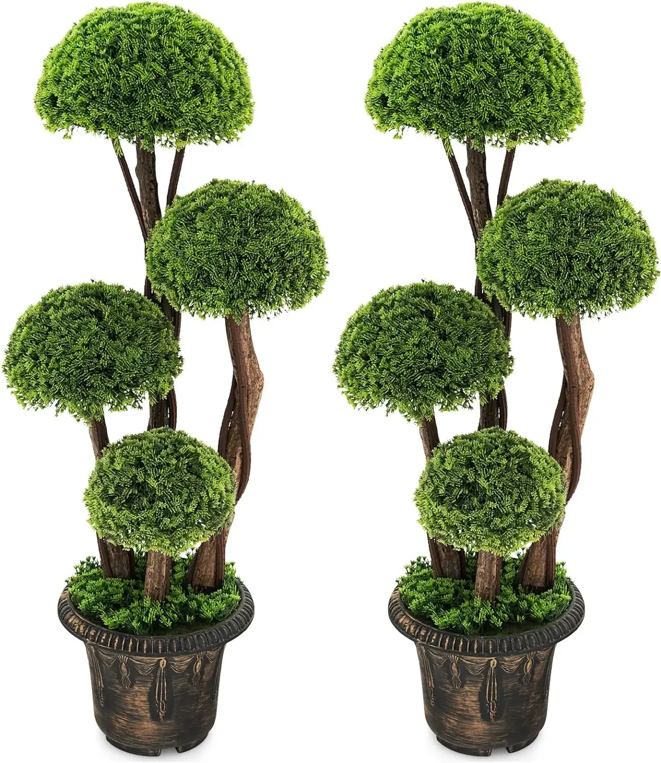 Artificial Topiary Ball Tree, 2 Pack 3 Ft Tall Artificial Plant, Indoor/Outdoor Topiary Trees with Golden Cement Pot