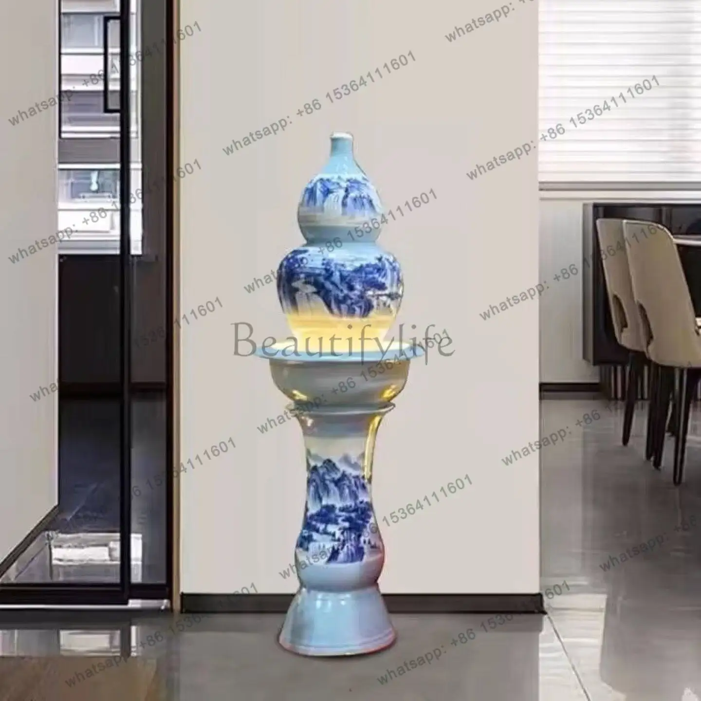 Ceramic gourd flowing water fountain ornament living room office floor view
