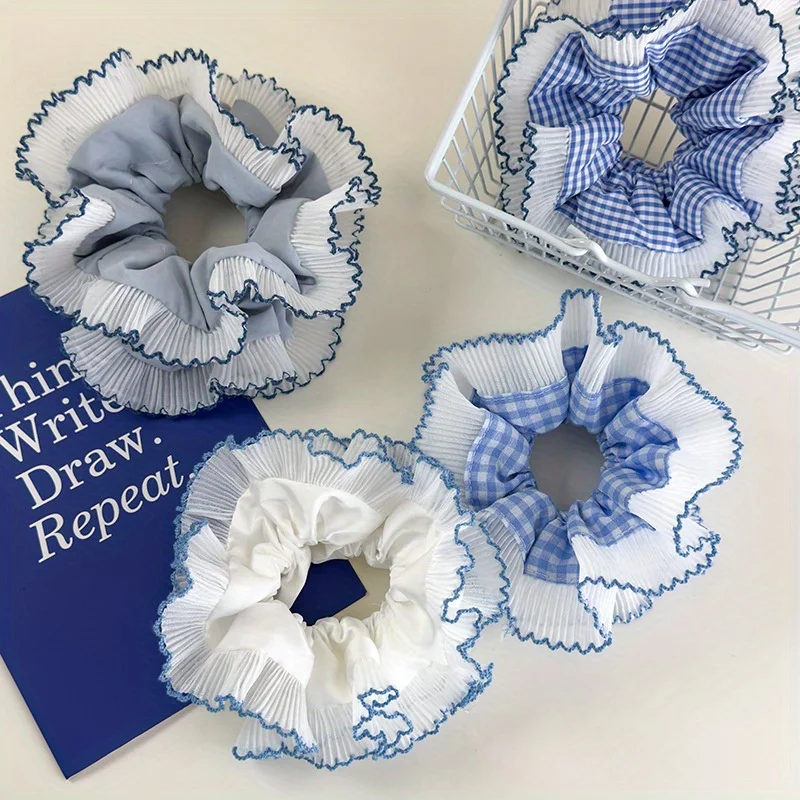 Lazo para el pelo con lazo a cuadros azules, moño con ribete de encaje de doble capa y diadema con cola de caballo, accesorio para el cabello dulce y fresco