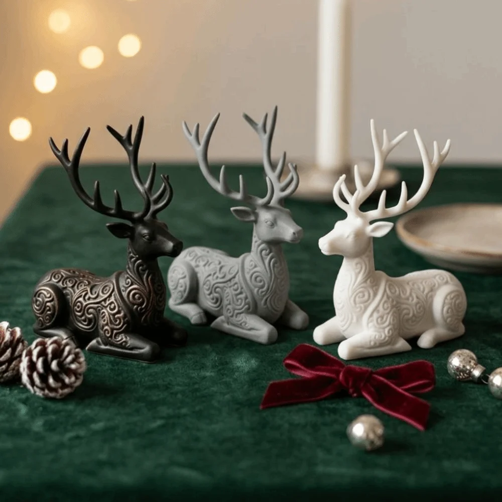 3D Printed Christmas Sitting Deer Statue Lying-Posture Realistic Small Deer Desktop Ornament Vintage Swirl Simple