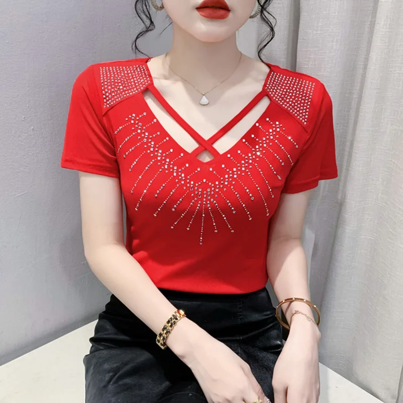 New 2024 Summer Short Sleeved V-Neck Women's T-Shirt Fashion Sexy Hot Diamond Mesh Tops M-3XL High Strecth Blusas