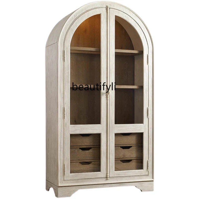 

French Solid Wood Sideboard Wine Cabinet All-in-One Cabinet Ash Vintage Distressed Living Room Wall Locker