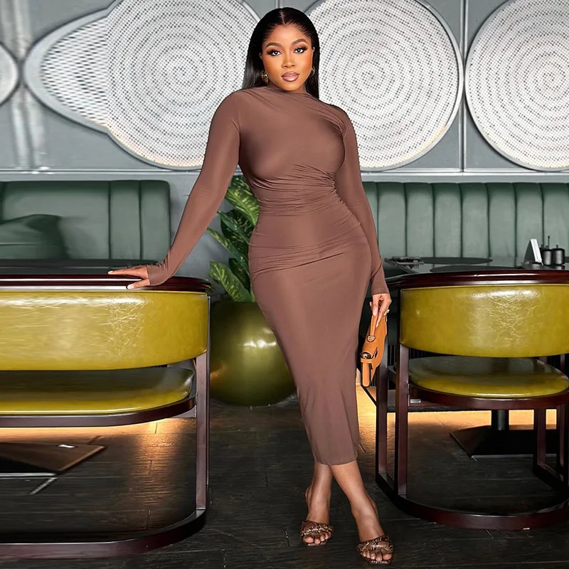 ANJAMANOR Ruched Long Dress Women Elegant Party Long Sleeve Bodycon Dresses Brown Black Vestidos Spring 2024 D17-CZ21 - AliExpress ANJAMANOR Ruched Long Dress Women Elegant Party Long Sleeve Bodycon Dresses Brown Black Vestidos Spring 2024 D17-CZ21 - AliExpress