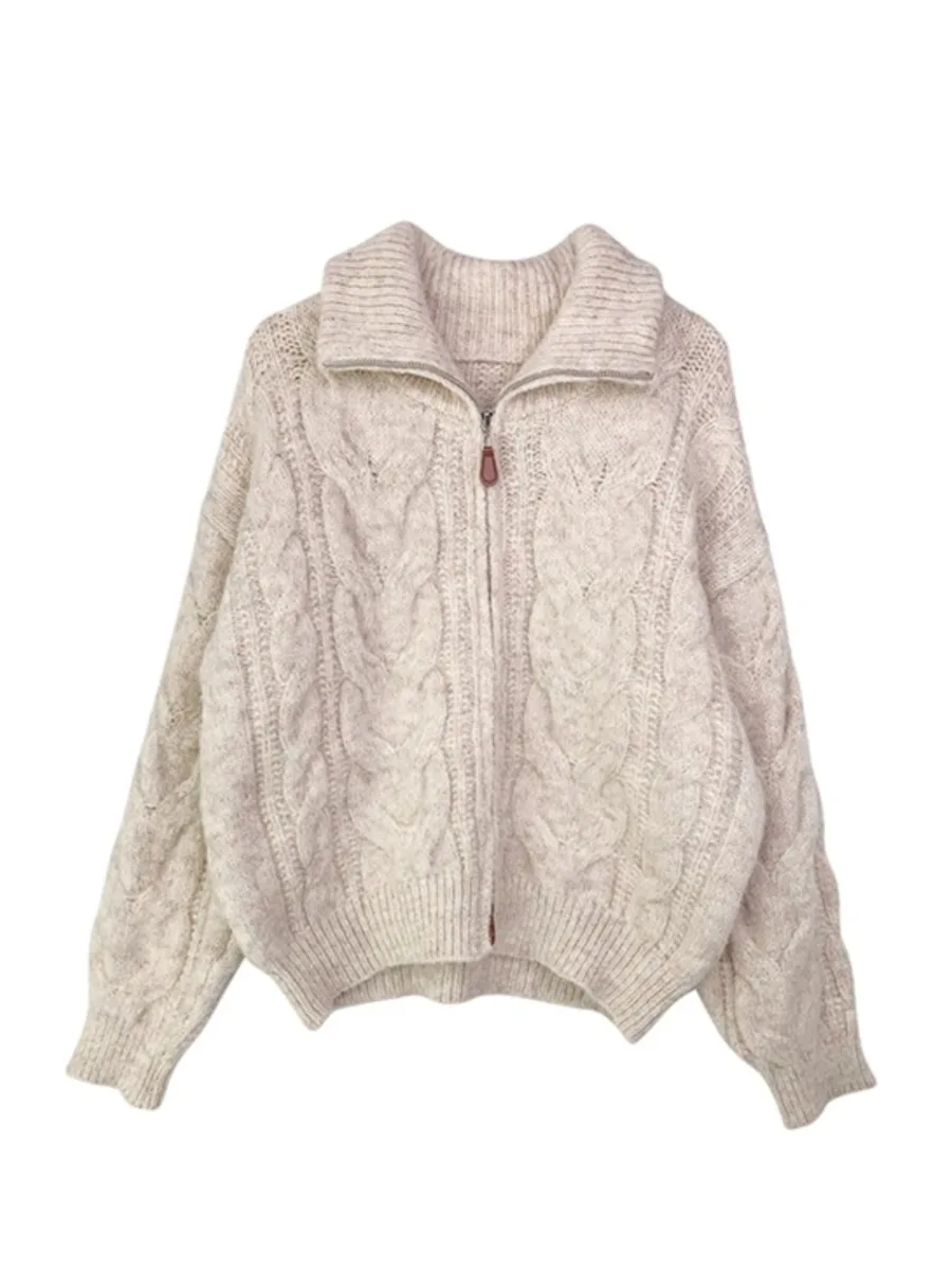 Feminino thiened outono inverno zíper de malha cardigan camisola gola preguiçoso sle outerwear casual confortável solto ajuste