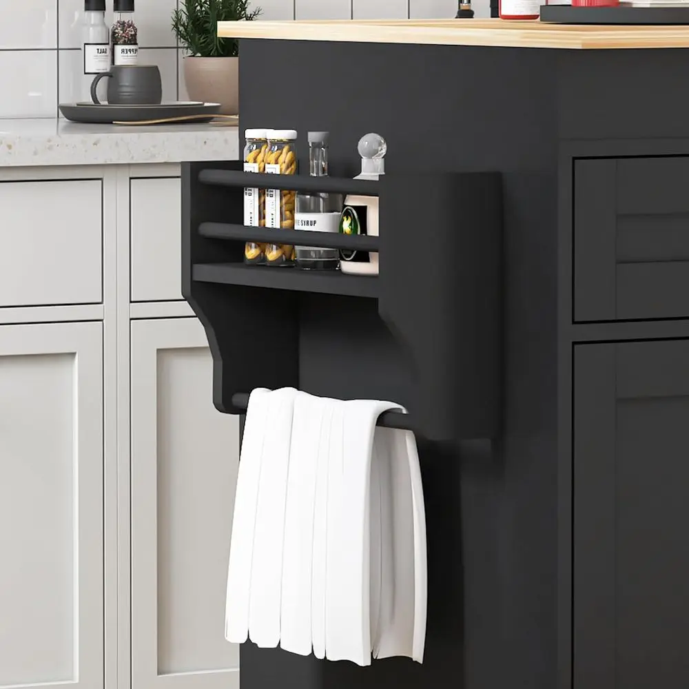 جزيرة المطبخ المتدحرجة مع طاولة قابلة للتمديد، رف توابل، درج وخزانة، أسود #5