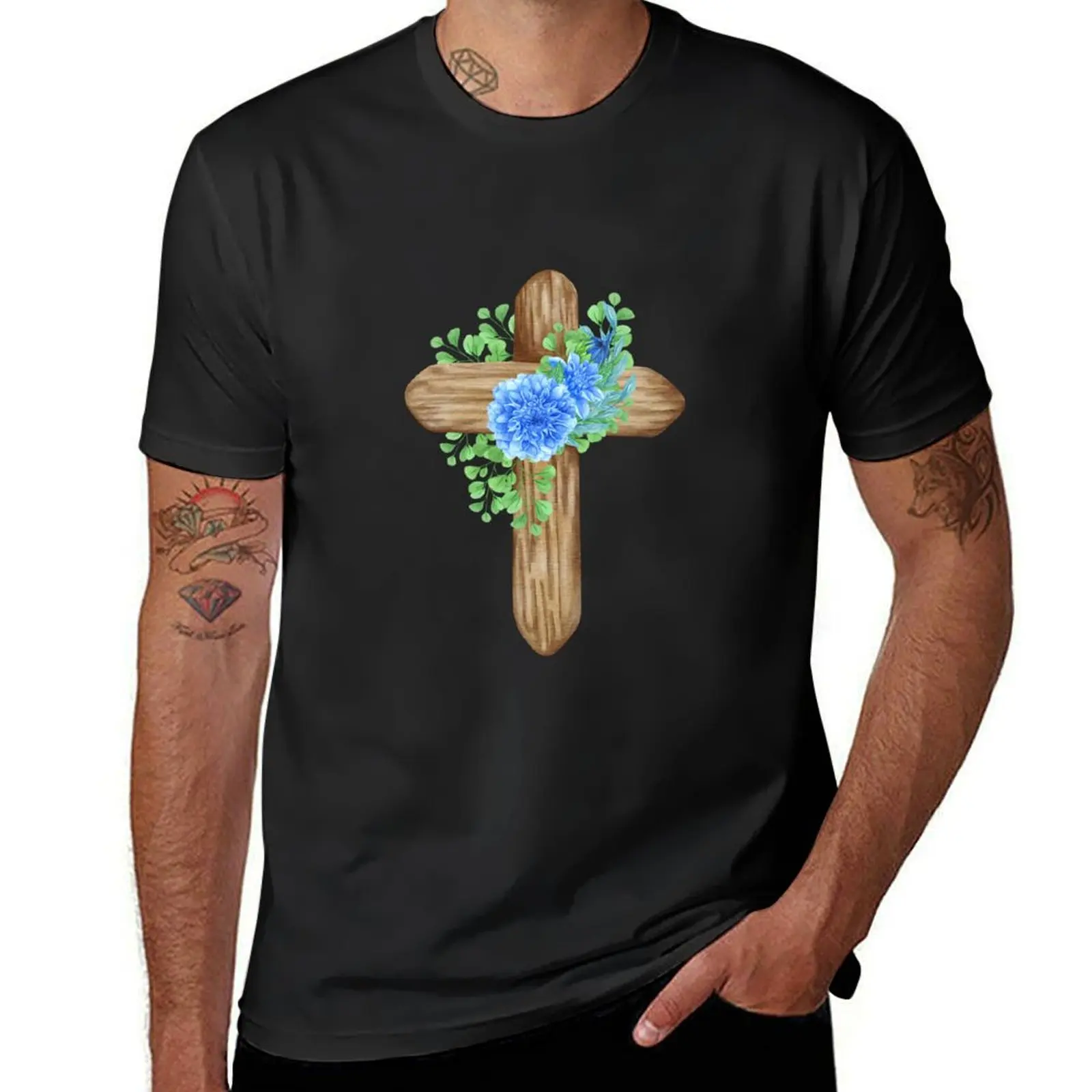 Wooden Christian Cross With Blue Flowers T-Shirt oversized quick-drying tees vintage clothes mens graphic t-shirts big and tall