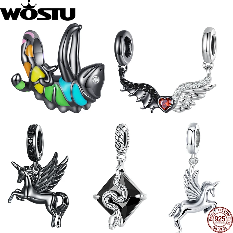 WOSTU 925 Sterling Silver Corlorful Chameleon Charms Demon&Angel Snake Hanging Bead Fit Original Bracelet DIY Jewelry Making