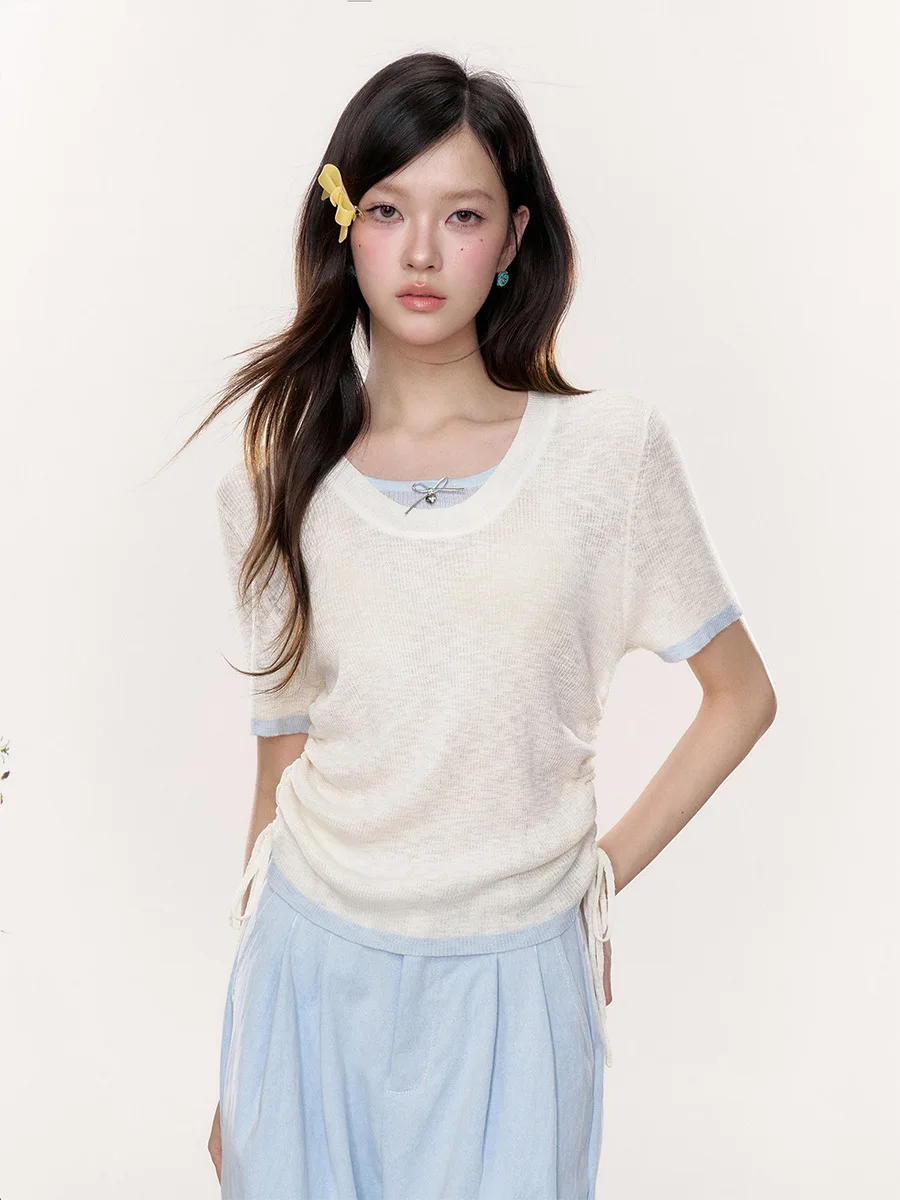 

6DEWS Color Blo ort Sve T-irt Waist Cinching Base Top Korean Sle Slim Fit Pure Color Spring Commute Fashion