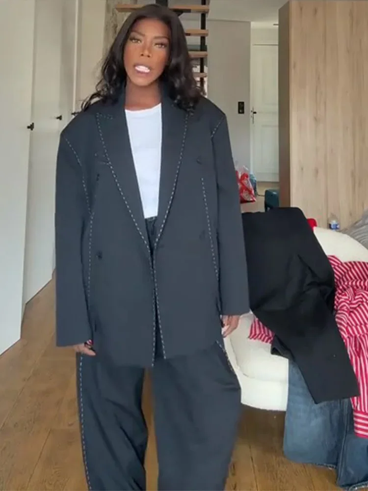 캐주얼 라인 블레이저 코트 팬츠 세트 여성용 라펠 긴 소매 더블 브레스티드 블레이저 와이드 레그 롱 트라우저 여성 의상 2025 가을