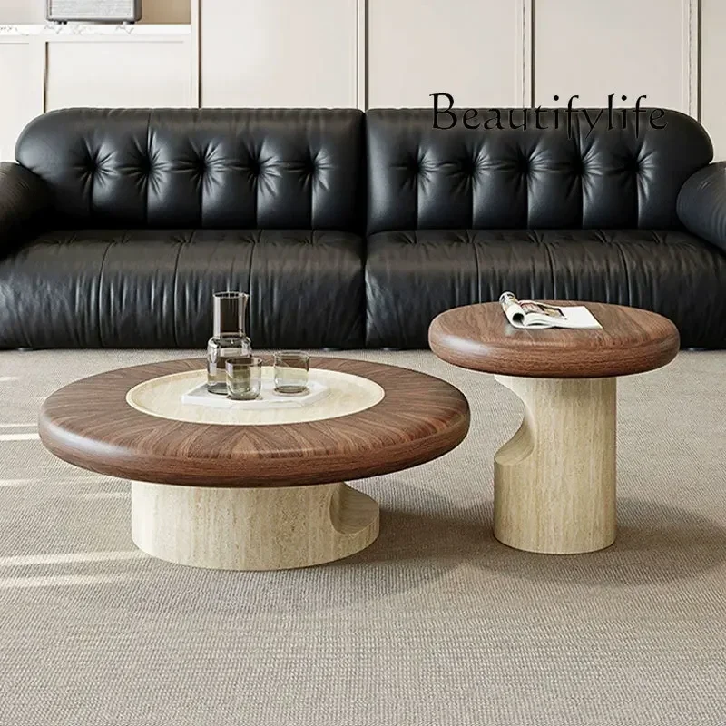 طاولة قهوة من الخشب الصلب مستوحاة من الطراز القديم من P-Tu مع نسيج محبب من الحجر الطبيعي، مثالية لغرف المعيشة الحديثة البسيطة. بريم