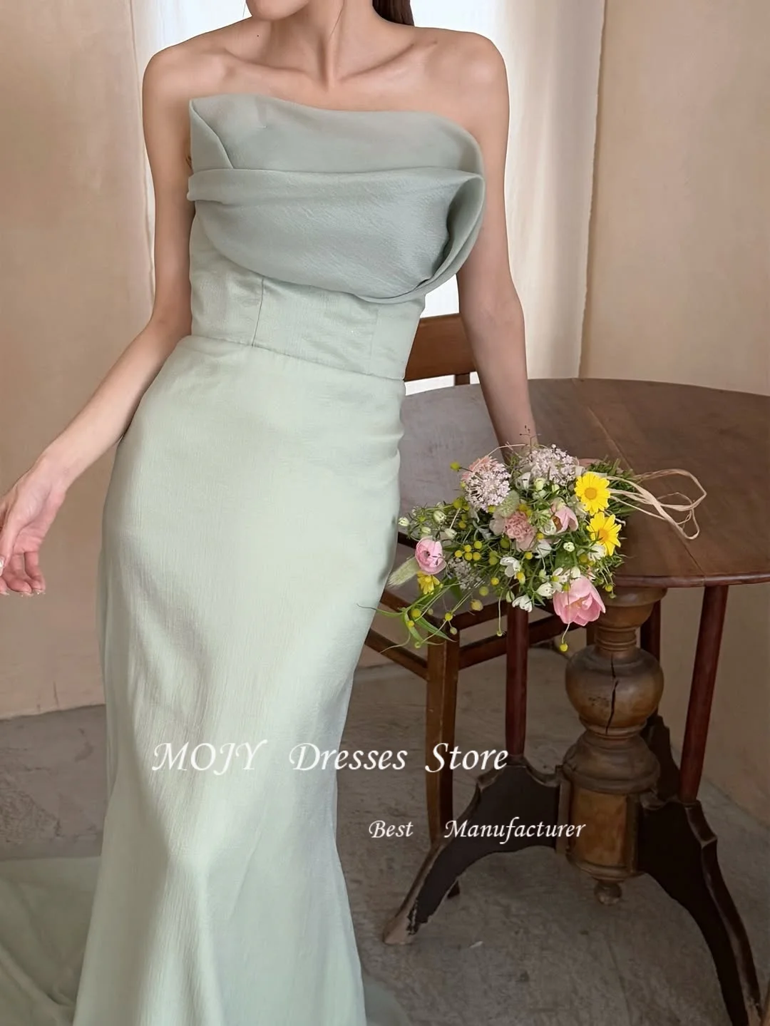 Mojy  Light Green Korea Wedding Dress Photo Shoot Strapless Floor Length Prom Gowns Vestidos Customized 웨딩드레스 Strapless