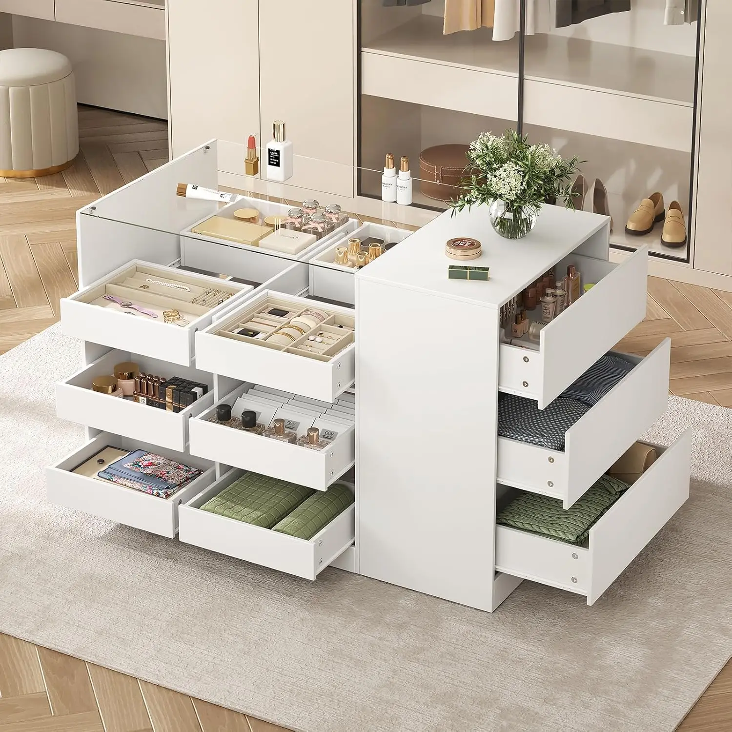 

Closet Island with Drawers, Wardrobe Armoire Bedroom Island, Glass Display Shelf & 15 Drawers, White Dresser with Glass Top