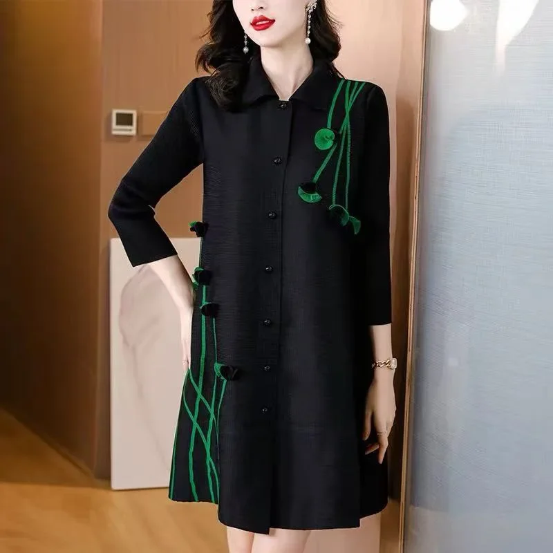 Miyake Women Lapel Collar Midi Dress 3/4 Sleeve Green Floral Applique Single Breasted Loose Dresses