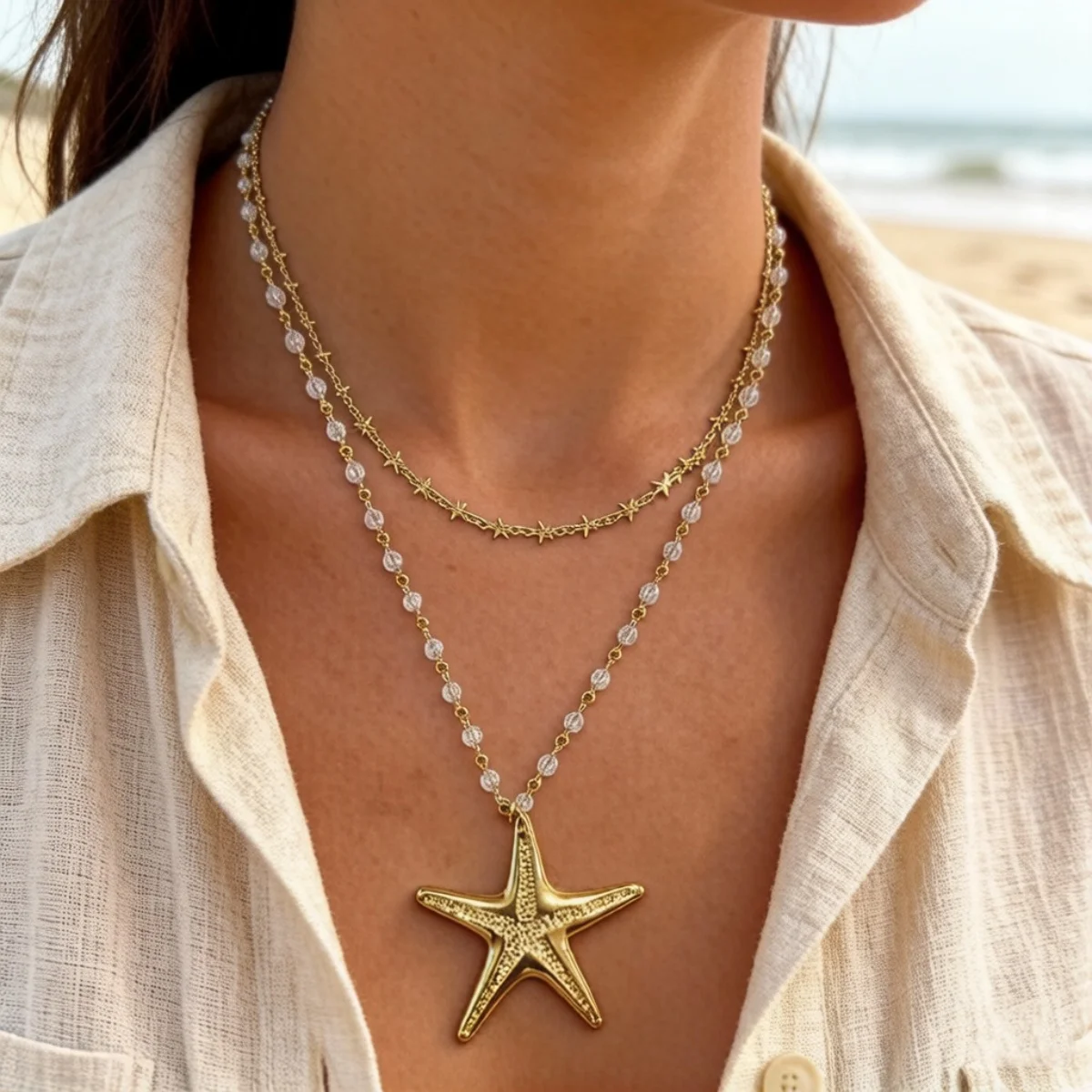Summer Ocean Crystal Beads Exaggerated Large Starfish Pendant Necklace For Women Men Bohemia Sea Star Choker Beach Party Jewelry