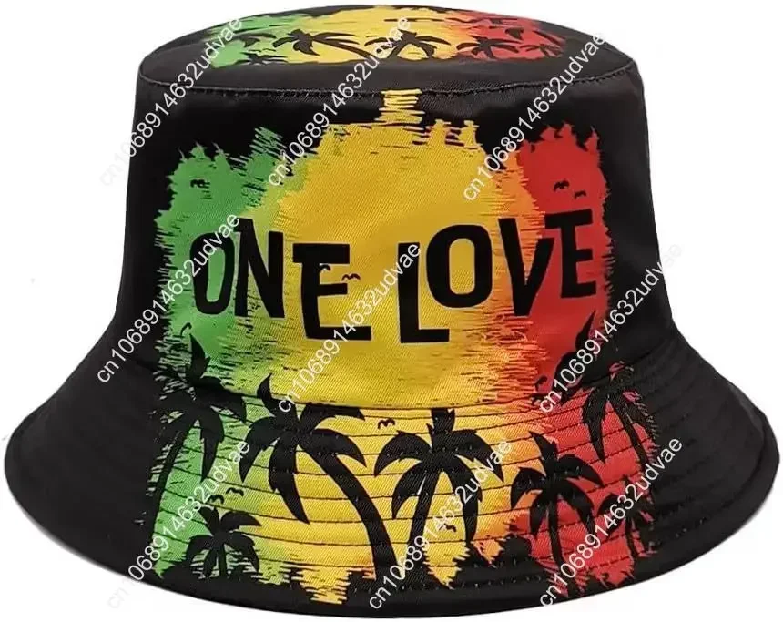 

One Love Music Reggae Rasta Bucket Hat Summer Travel Beach Sun Hats Outdoor Cap for Women Man