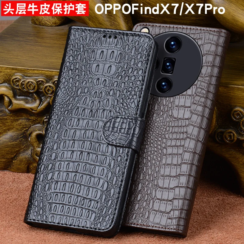 Wobiloo Luxury Real Cowhide Genuine Leather Flip Phone Cases For Oppo Find X7 Ultra Hell Full Cover Pocket Bag Case