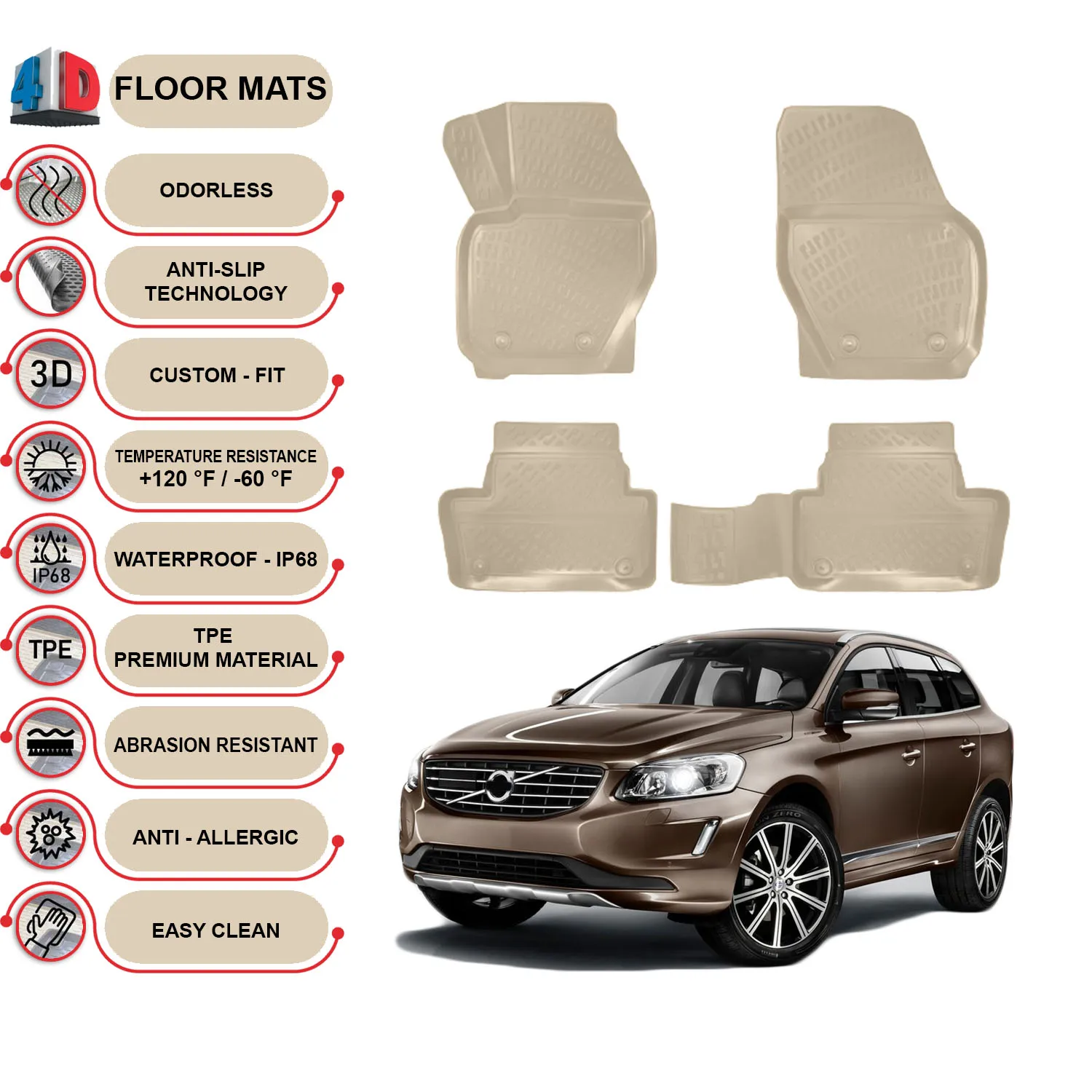 

Volvo XC60 - (2008-2017) Floor Mats Liner Waterproof 3D - (Beige)