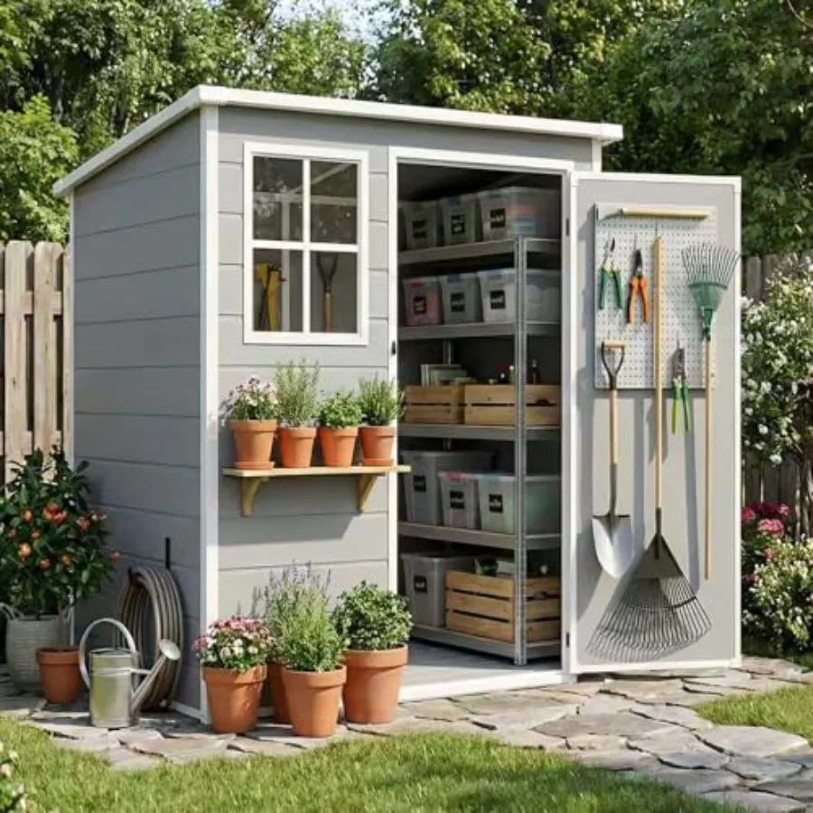 Outdoor storage shed for backyard, garden, poolside use; resin material; gray color; waterproof, lockable door, floor, window,