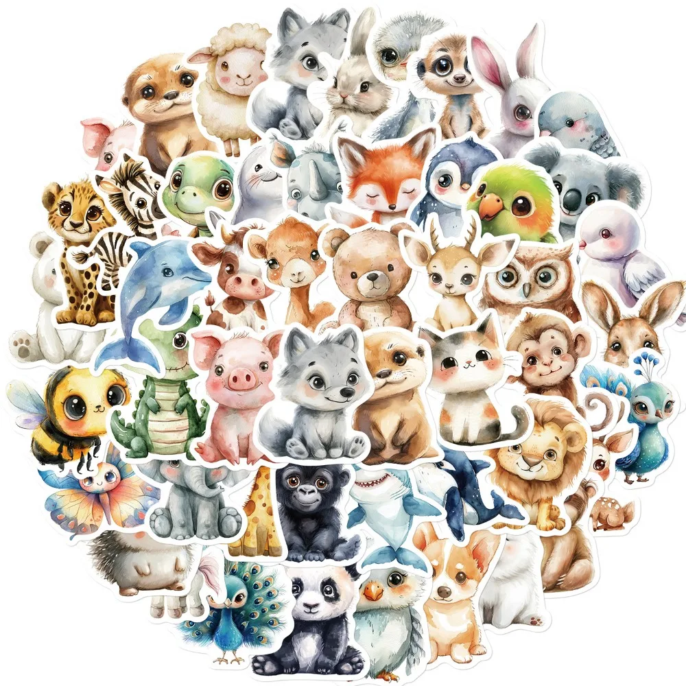 50PCS Cute Watercolor Animals Graffiti Stickers Phone Wall Scrapbook Motorcycle Waterproof Cartoon Sticker for Kids Toys Gifts