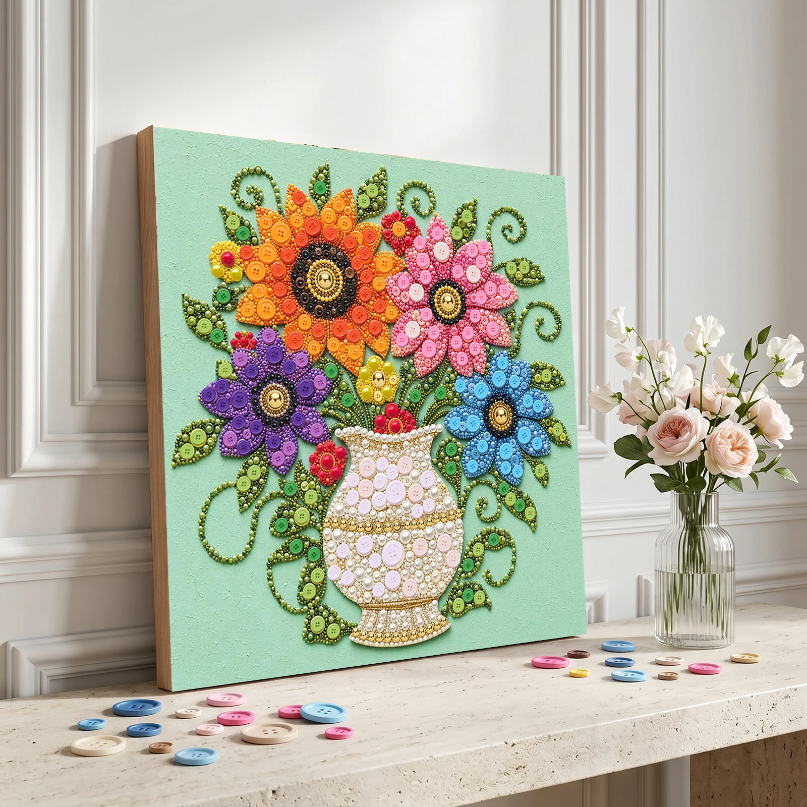 DIY Button Art Kit with Frame 30x30cm Buttons Art Painting Kit Button Painting Craft Set Craft Project for Teens & Adults