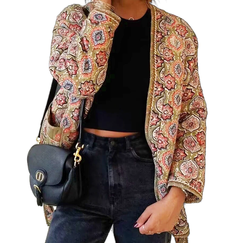 Women\'s Printed Cotton Jacket V-Neck Pocket and Belt Cardigan Style Casual Commuting New