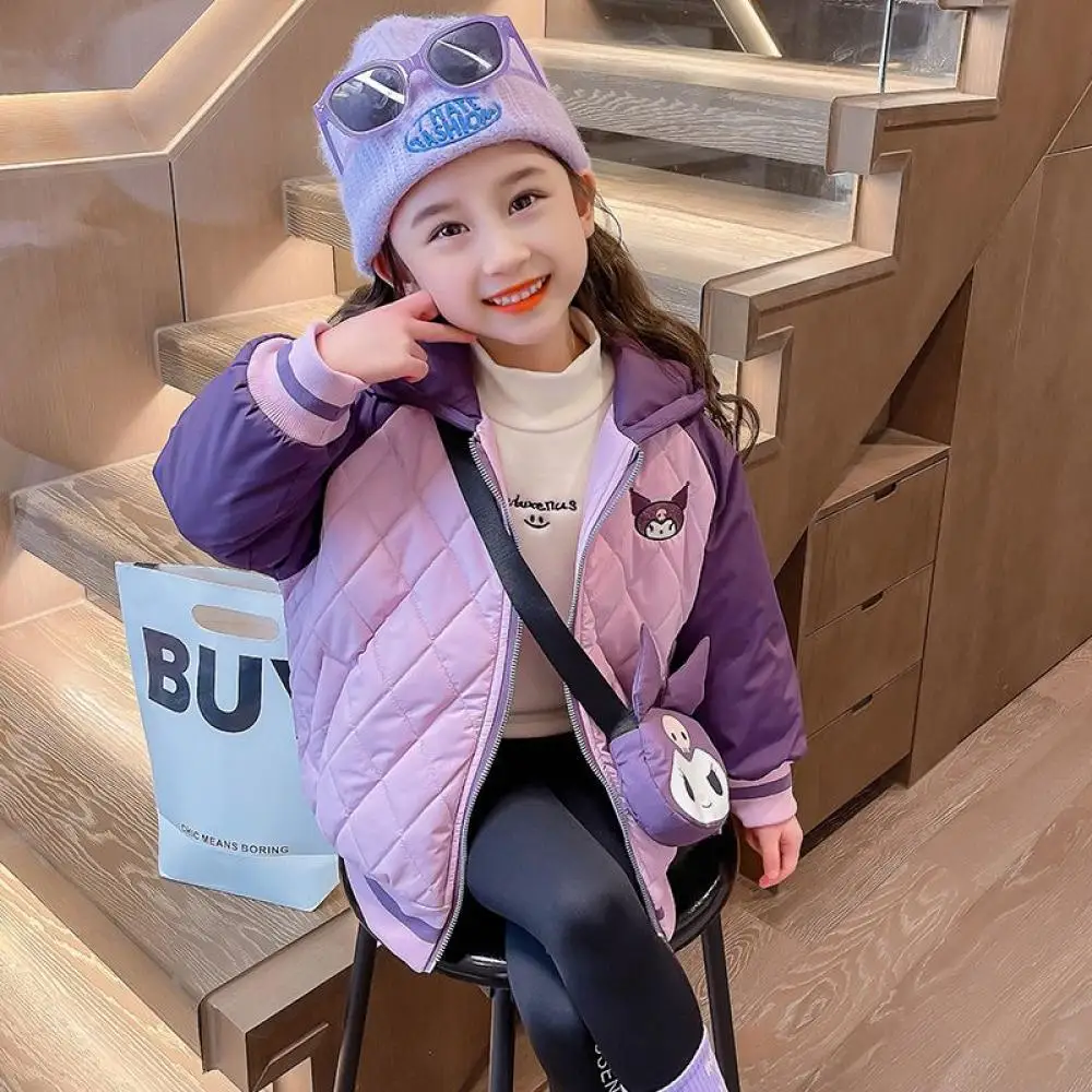 Kawaii Sanrio Kuromi Girls Hooded Coat Cartoon Thickened Thermal Top Kids Autumn Winter Long Sleeve Jacket Children's Clothing