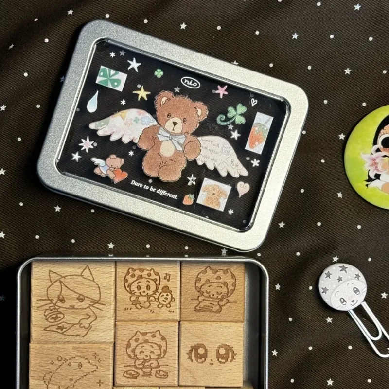 1PC Four Leaf Clover Angel Bear Pattern Windowed Metal Storage Box for Card Stamp Journal Accessories Desk Decor Organizer