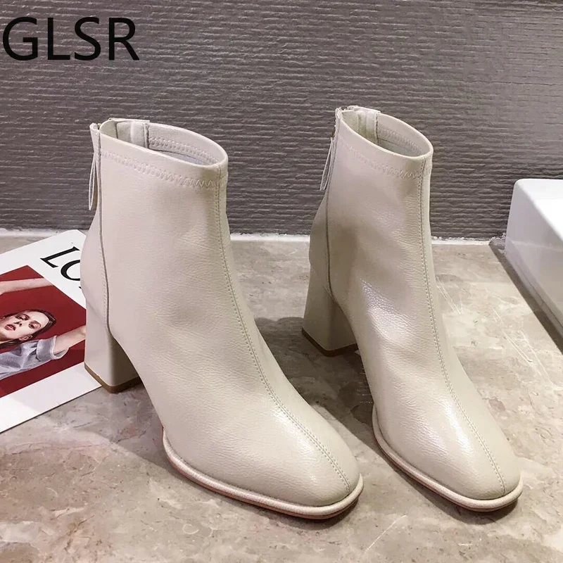 Luxury Brand Women Beige 7cm Block High Heels Ankle Boots 2020 Winter Female Square Toe Chelsea Boots High Quality Short Boots