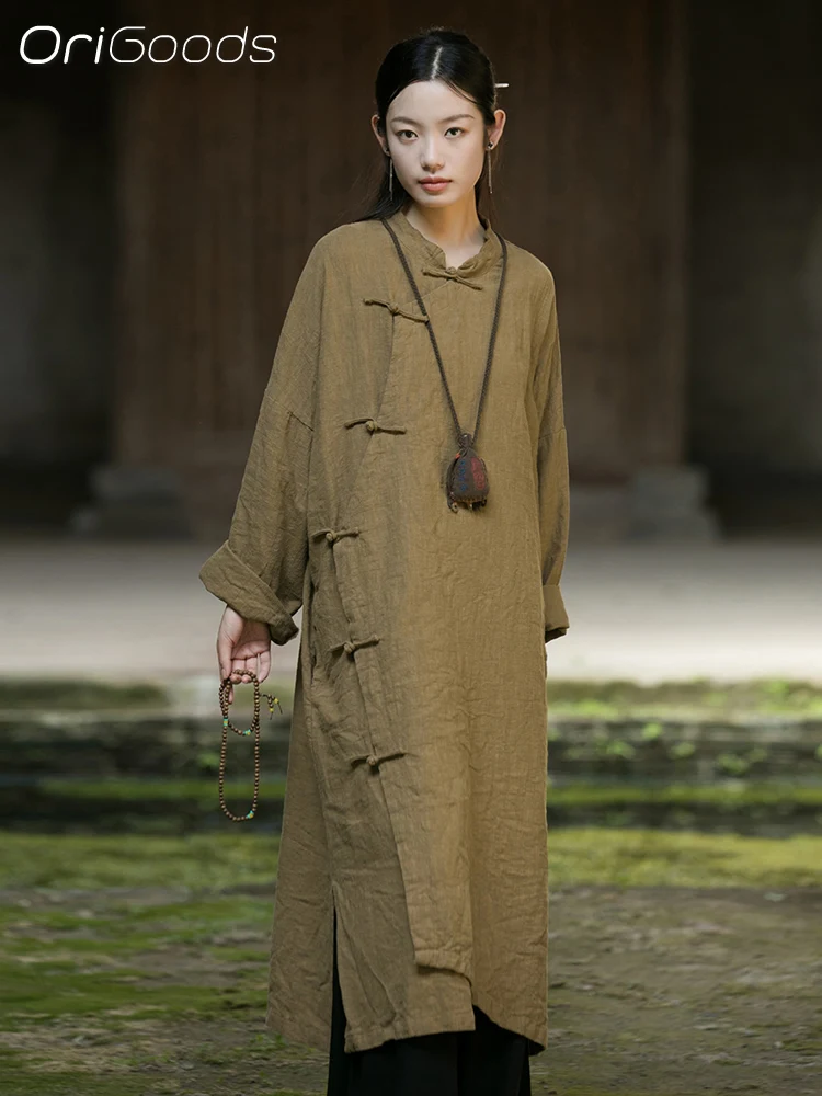 

OriGoods Oversized Long Shirt Dress Woman Chinese Style Ramie Long Sleeve Dress Zen Meditation Buddist Clothing Women Robe B259