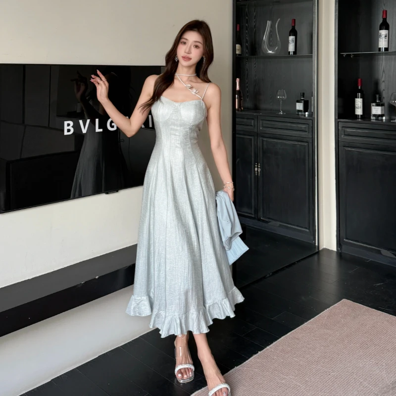 

Luxury Elegant Suspender Dress Women's 2025 Summer Slim Pendulum A-shaped Long Dress Formal Party Club