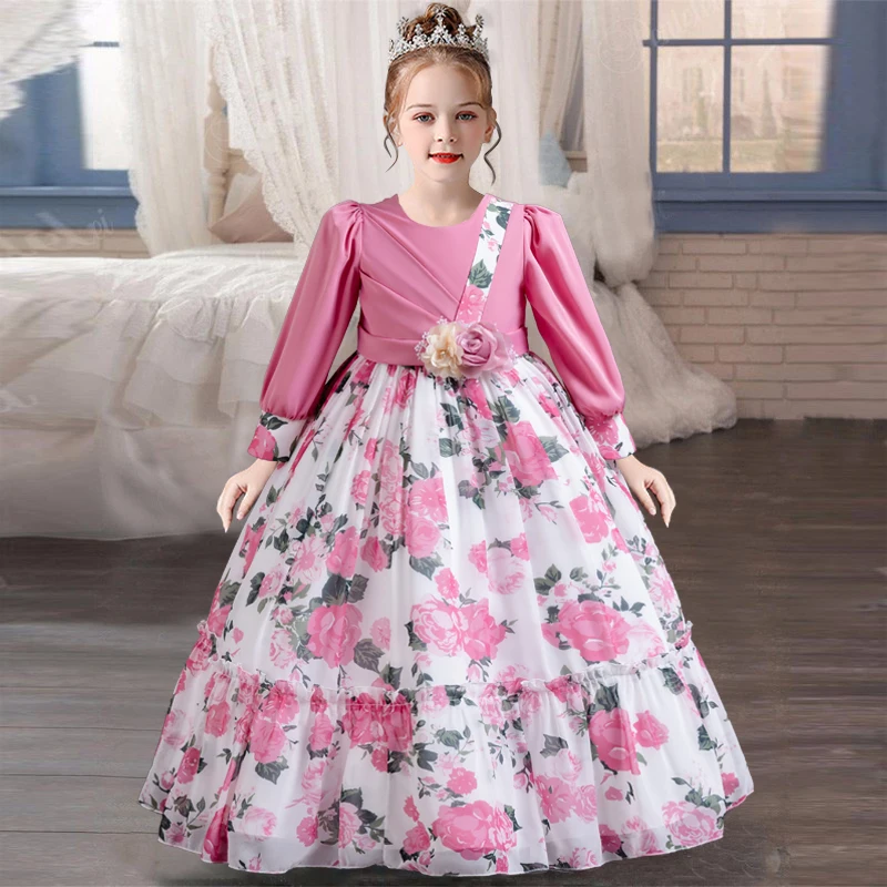 4-12 year old girl flower bow princess dress Fashionable and elegant printed long sleeved casual dress carnival birthday party