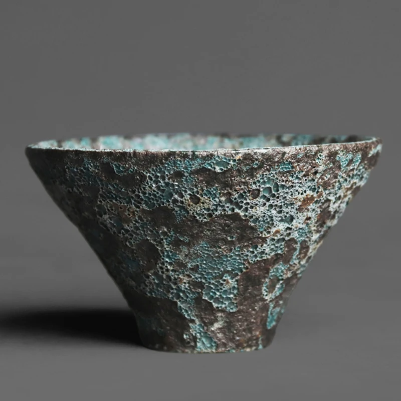 Handmade Retro Coarse Pottery Teacup, Bronze Spot Texture Large Bamboo Hat Master Cup, Bug Hole Grain Kung Fu Tea Tasting Cup