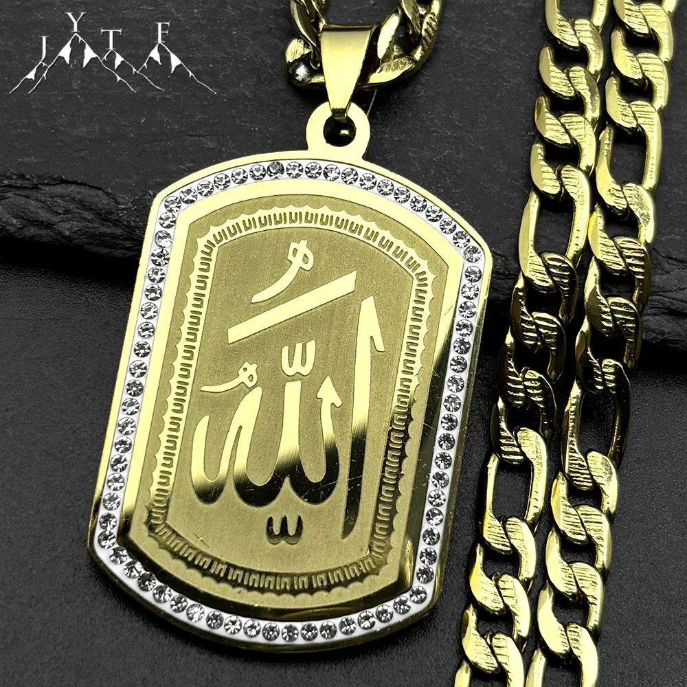 

Hip Hop Stainless Steel Muslim Islam Quran Allah Rhinestones Necklaces Gold Color Geometric Chain Pendant Necklace Jewelry Gift