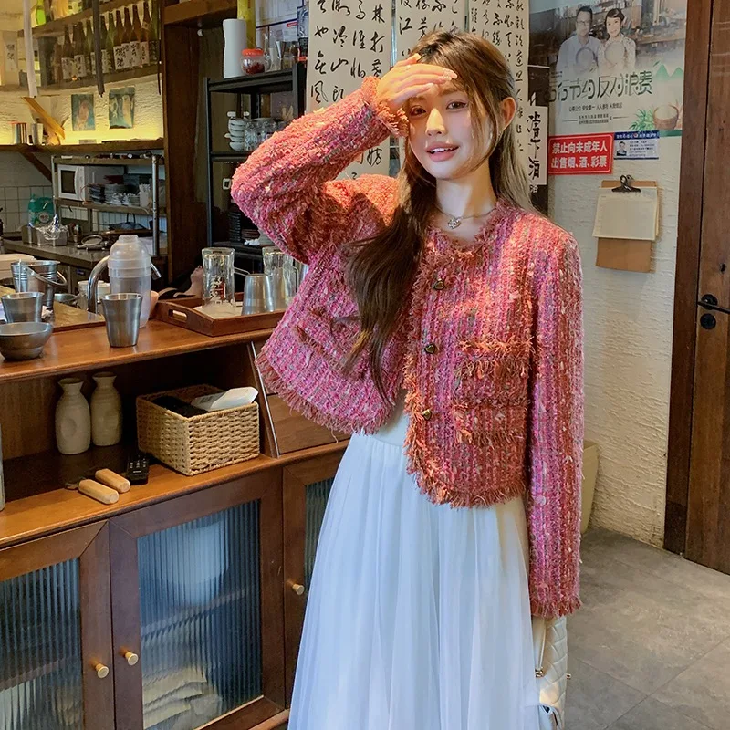 لقطة حقيقية مخصصة عالية الجودة تويد سترة قصيرة المرأة خريف شتاء معاطف الوردي