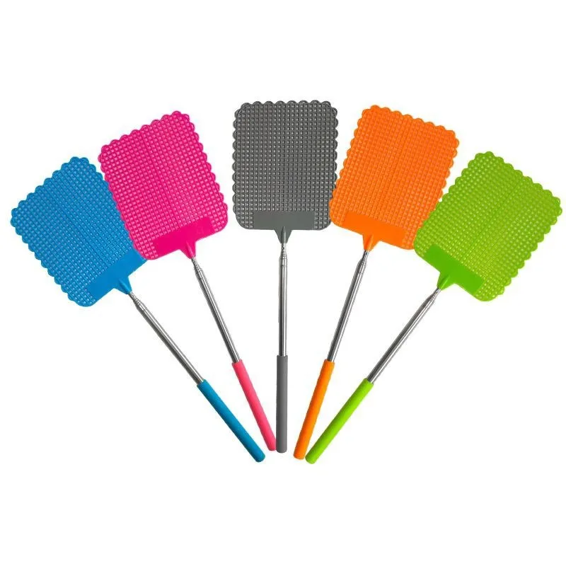 Telescopic Fly Swatter Stainless Steel Metal Steel Fly  Swatter Mosquito Repellent Tool with Plastic Square Head and Long Handle