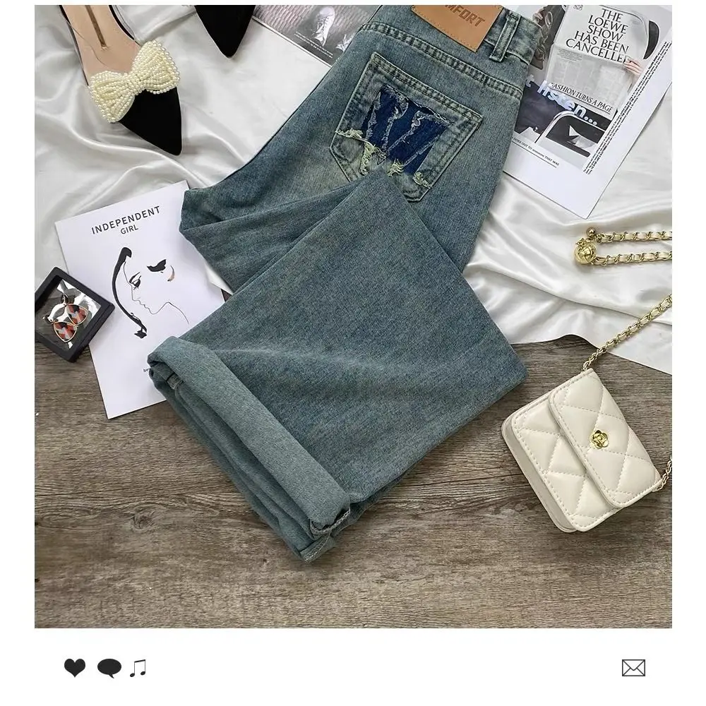 

Синие джинсы с высокой талией и широкими штанинами в стиле ретро, женские тонкие джинсы свободного кроя, летние и осенние модные женские повседневные брюки из смесового хлопка