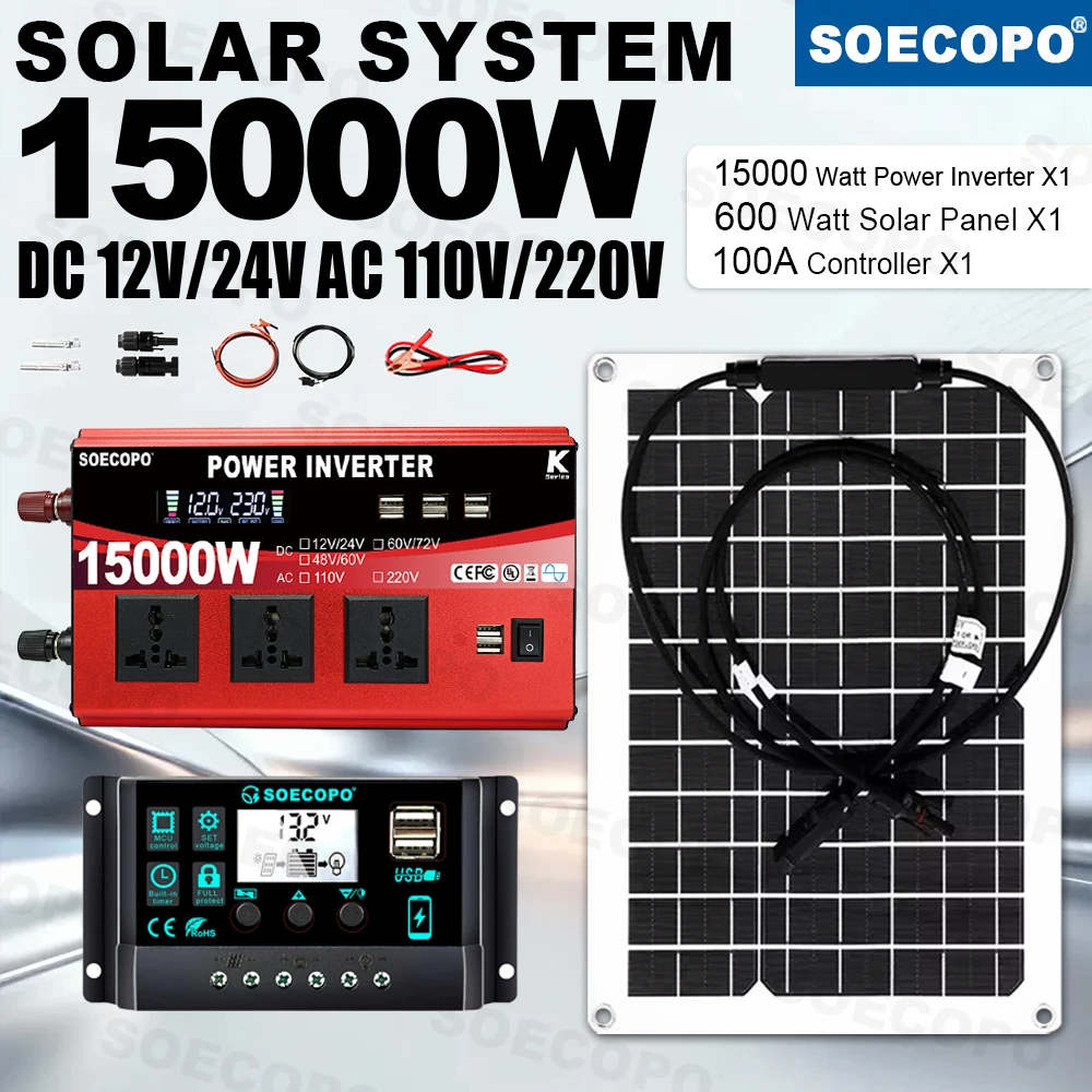 SOECOPO 15000W Solar Kit for Home with Battery Flexible Solar 100A Controller 220V/110V Inverter(1400W Rate)for RV/Fish/car/tent