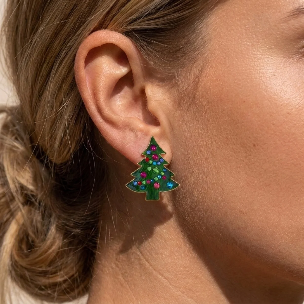 Bunte Strass-Ohrringe mit grüner Emaille, Weihnachtsbaum-Ohrstecker für Frauen, künstliche Perlen, Weihnachtsbaum-Ohrringe, Neujahrsparty-Schmuck – Detail 4