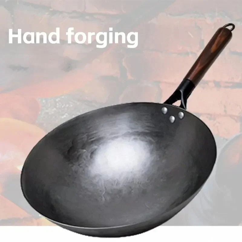 Iron Pot Household Frying Pan Traditional Hand Forged Without Coating Wooden Handle Old-style Non-iron Pot (30cm) image 6