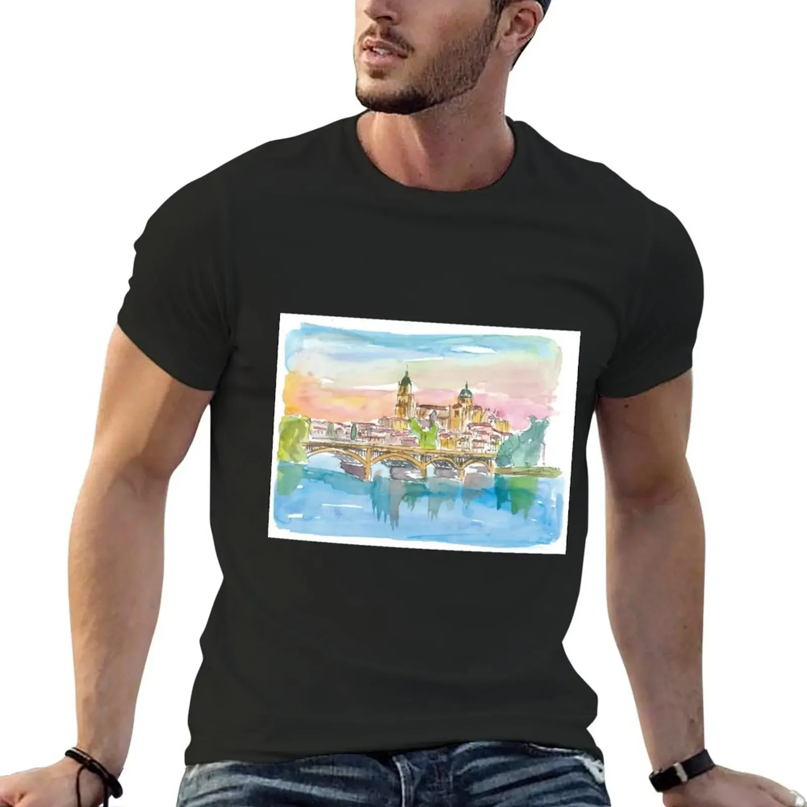 

Salamanca Spain Cathedral and Tormes Bridge T-Shirt plain korean fashion shirts men