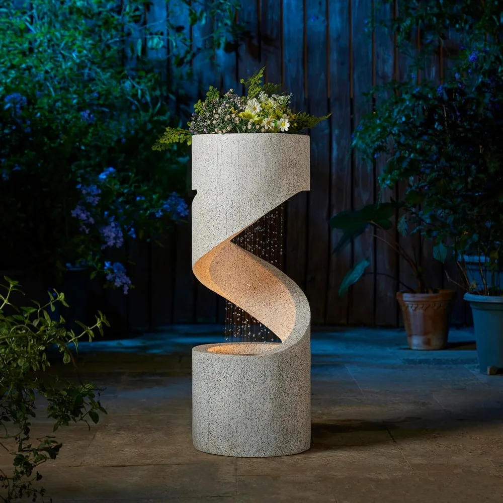 

Decorative Tiered Outdoor Water Fountain with LED Light, Curved Waterfall Fountain with Stone Planter, Faux Terrazzo Spiral Sha