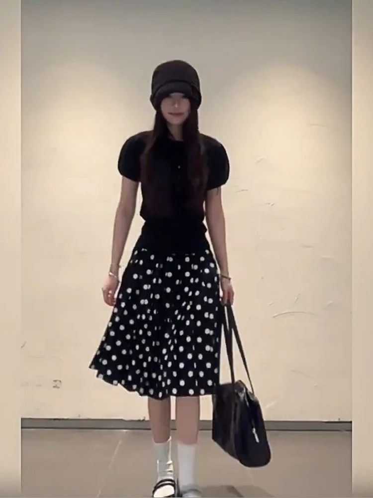 

Комплект XZY: вязаный топ-футболка в стиле ретро с круглым вырезом и юбка в горошек для полных женщин, летний, винтажный