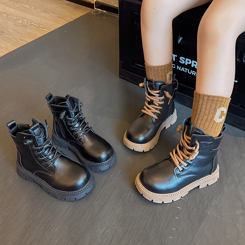 Stivali in pelle per bambini Quattro stagioni Scarpe singole semplici per ragazzi e ragazze 3-18 anni Stivali singoli per bambini corti imbottiti e ispessiti