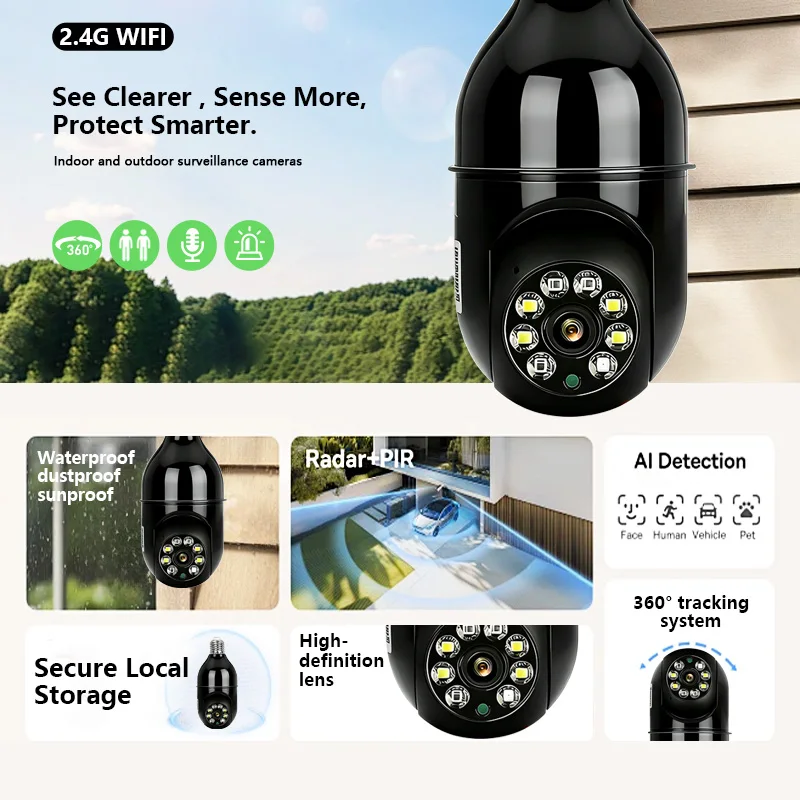 3MP Smart Bulb Security Camera 360° Panoramic PTZ 2.4G WiFi Wireless Indoor Camera Color Night Vision Motion Detection Alarm Rem