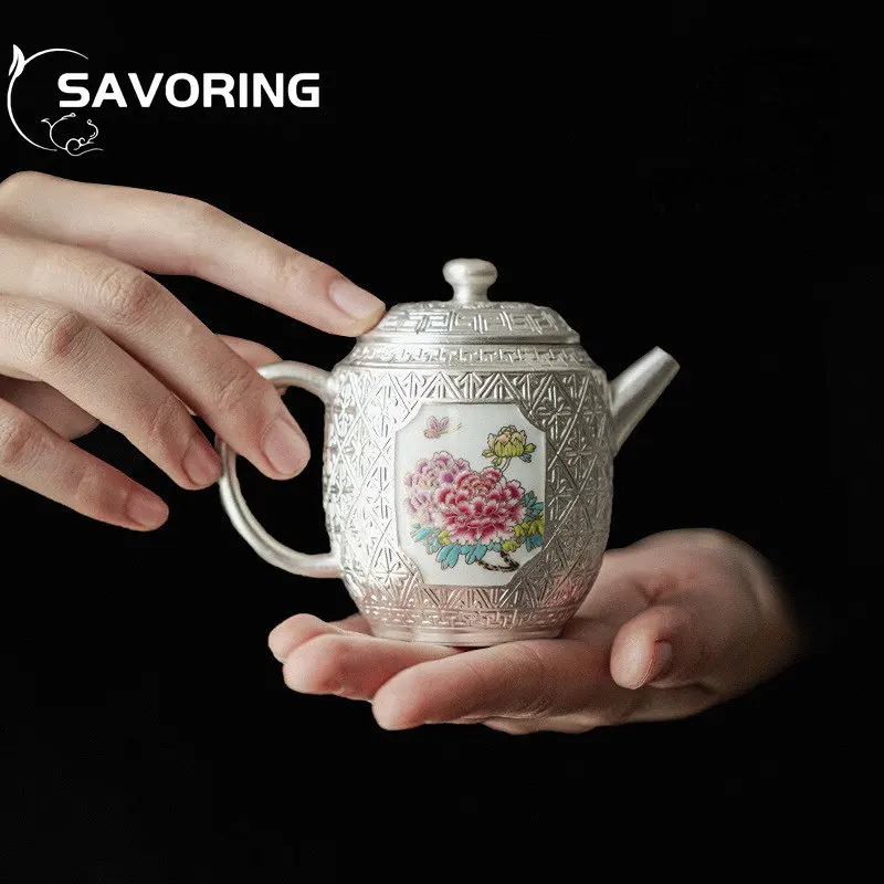 160ml Boutique Silver-plated Ceramic Teapot Window-opening Flower Brocade Small Pot Tea Maker Kettle Kung Fu Tea Set Gift Box