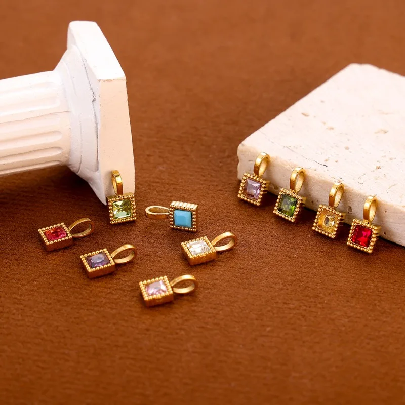Gold Plated Stainless Steel Square Crystal Charm Pendant Multicolor Rhinestone Birthstone Charms for Women Jewelry Making