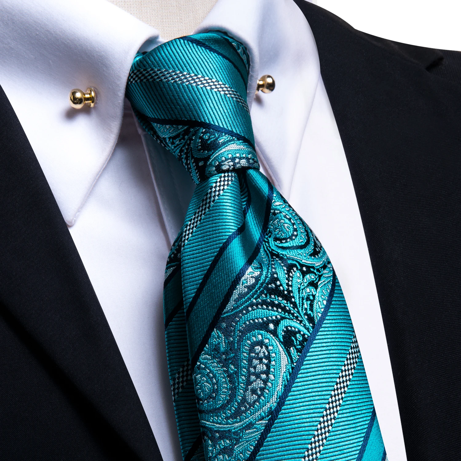 Hi-Tie New Luxury Teal Blue Wedding Necktie Men's Tie Glod Collar Pin Solid Handky Cufflinks Set Tie For Men Luxury High Quality